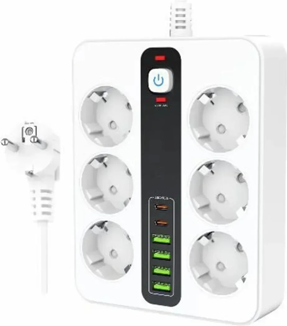 6'lı Grup Priz 4xusb 2xtype-C Çıkışlı Isıya Dayanıklı Power Tuşlu 2 mt Kablolu Priz Çoğaltıcı