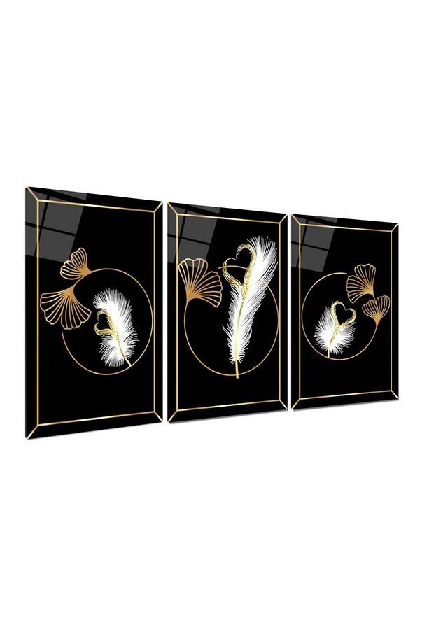 3 LÜ SİYAH ÇİÇEK GOLD DETAY HARİKA UYUM KIRILMAZ CAM TABLO ULTRA CANLI RENKLİ MODERN EV HEDİYESİ