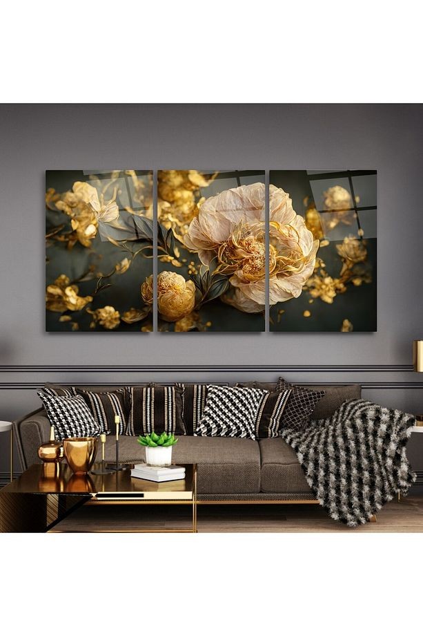 3 PARÇA GOLD PARILDAYAN ÇİÇEKLER SET TABLO LÜKS KIRILMAZ CAM TABLO EV HEDİYESİ İŞ YERİ HEDİYESİ
