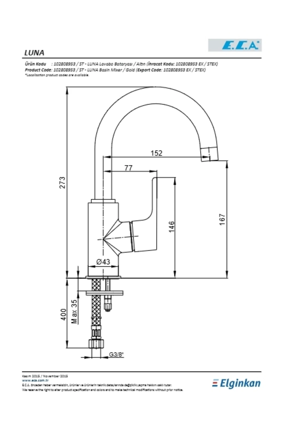 Luna Lavabo Batarya Kuğu Borulu Altın Görünümlü