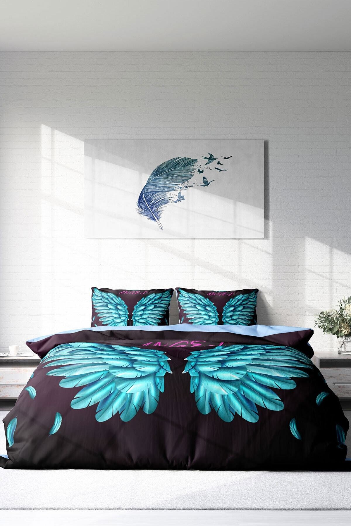 Nevresim Takımı %100 Doğal Pamuk Çift Kişilik 3d Digital Blue Wing Pamuk Saten