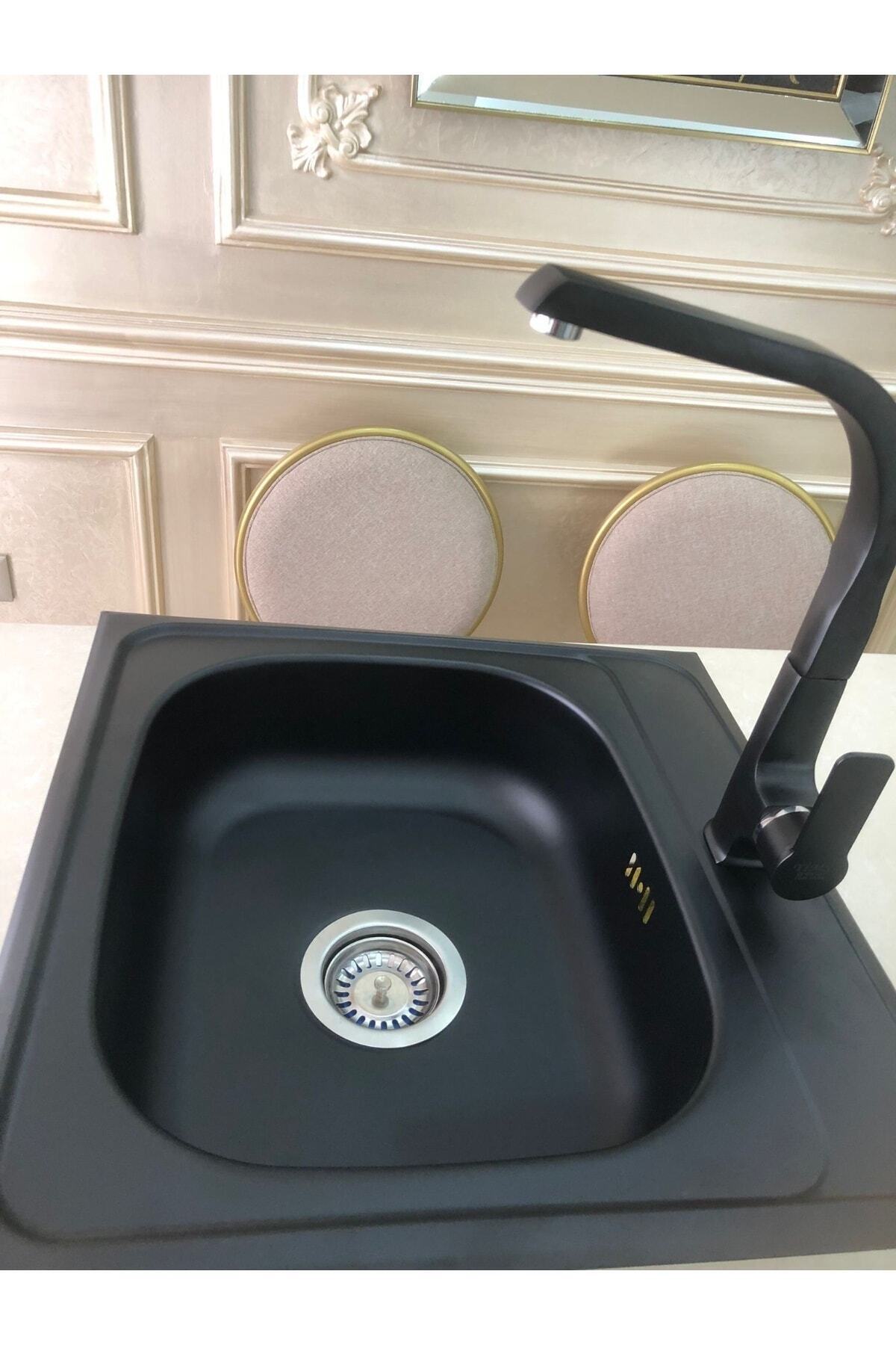 Siyah Grenli Granit Desen Kaplamalı Üstten Takmalı Kare 50 X 50 Cm Ölçülerinde Paslanmaz Evye