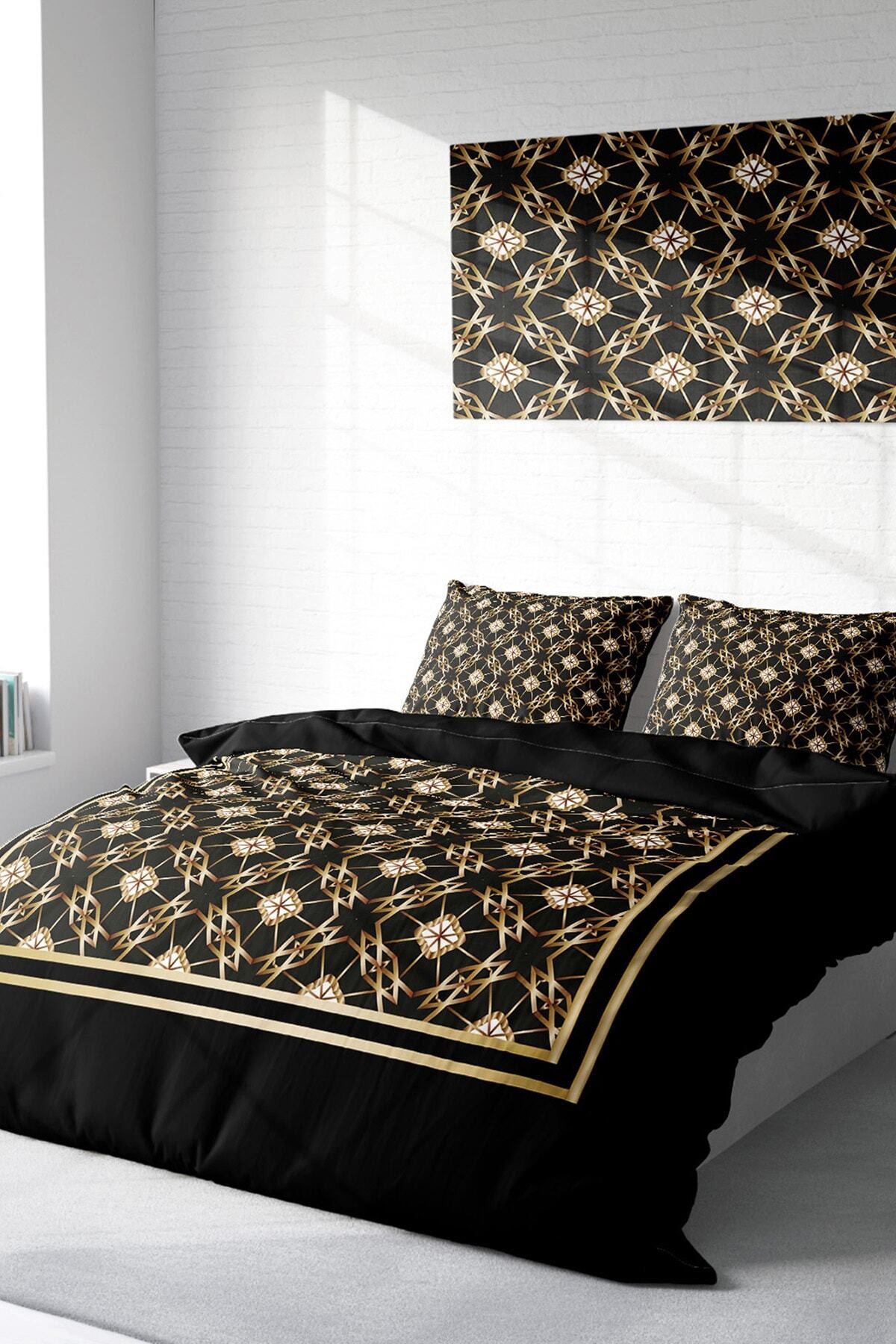 Kıng Sıze Gold Deco 3d Pamuk Saten Çift Kişilik Nevresim Takımı 220x240cm