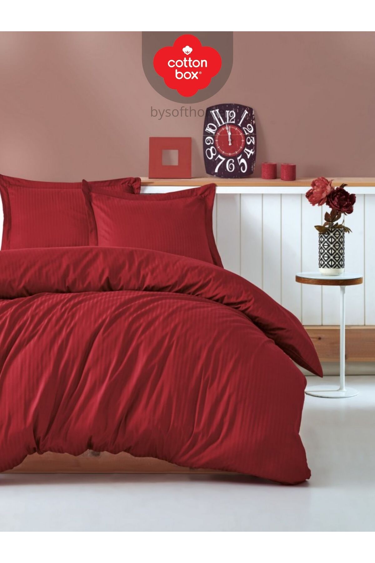 Elegant Stripe Bordo Çift Kişilik Pamuk Saten Nevresim Takımı