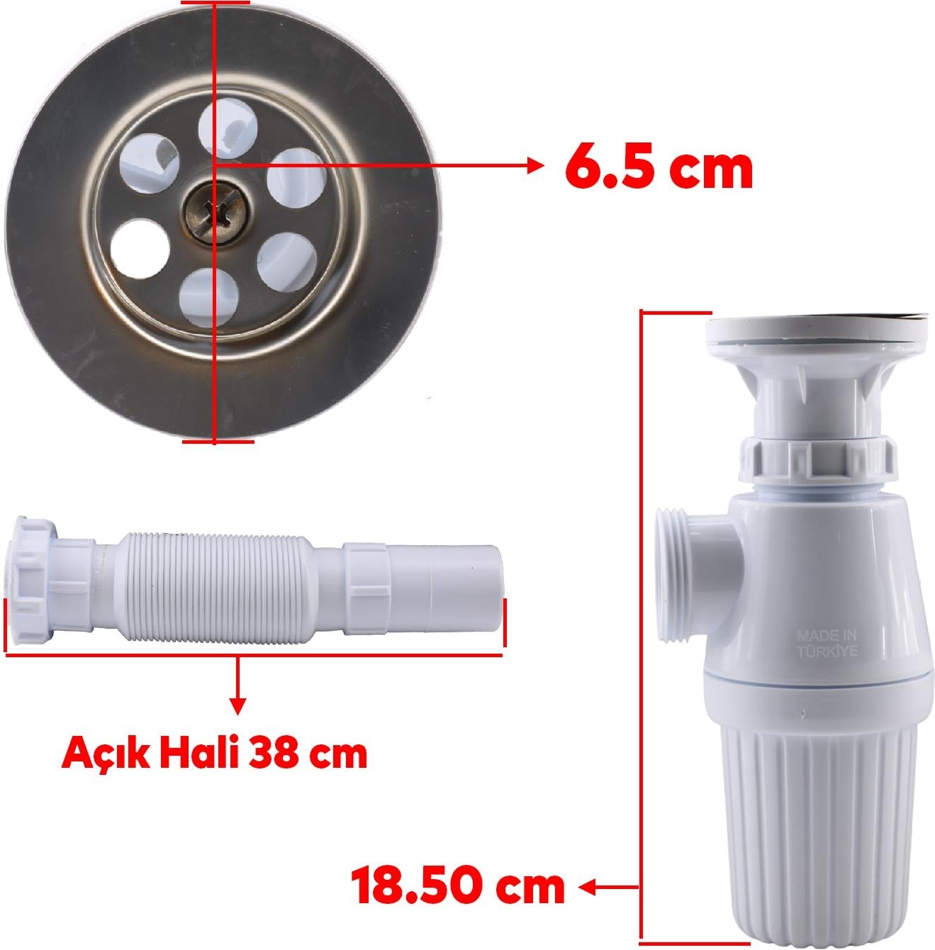 Lavabo Sifonu Körüklü Sökülebilir Tas'lı Mutfak Banyo Evye Pis Su Gideri Borusu Plastik 38 Cm