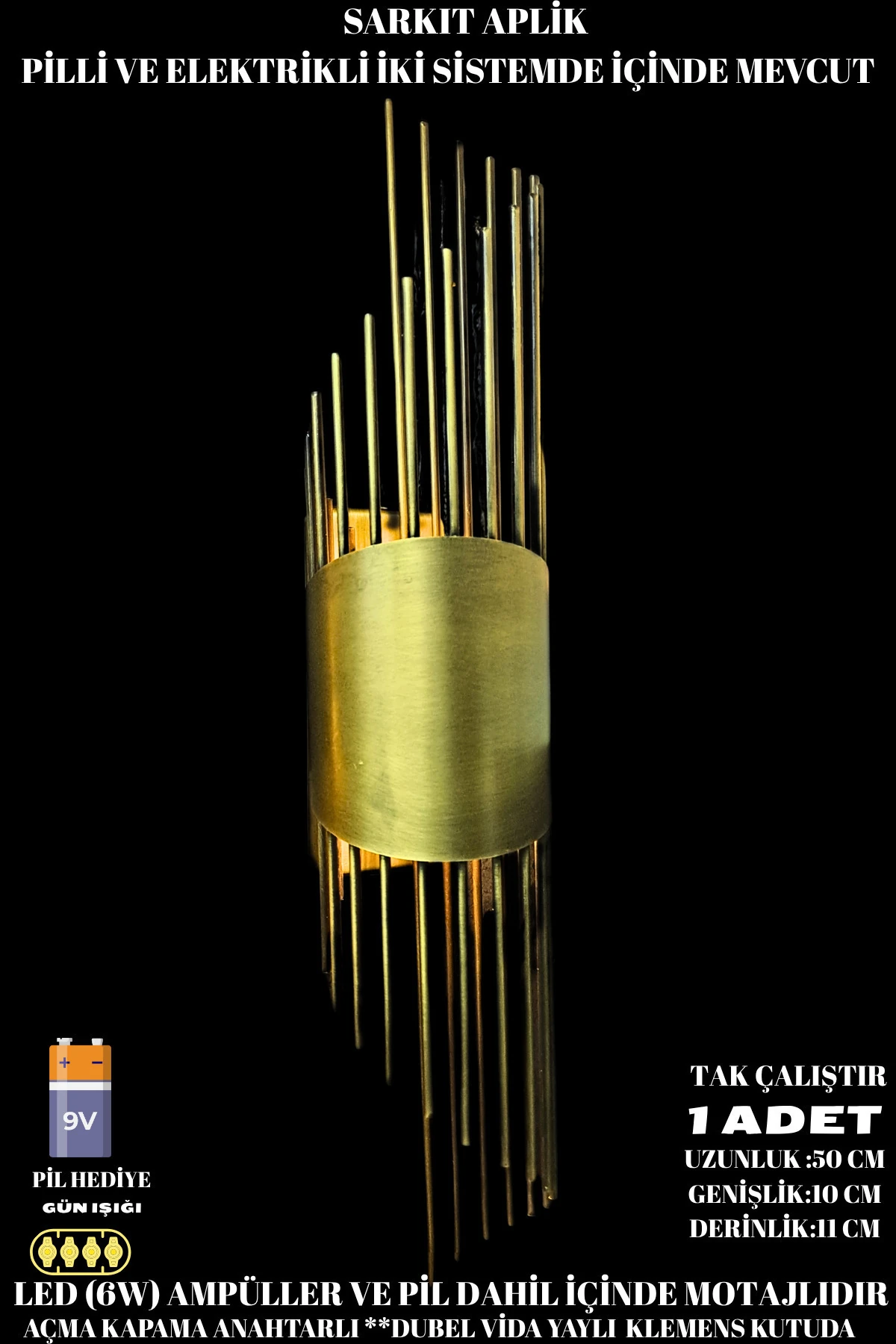 Sarkıt Aplik Eskitme, Pilli Aplik, Anahtarlı, Pilli Elektrikli Ledli Duvar Aplik, Gece Lambası