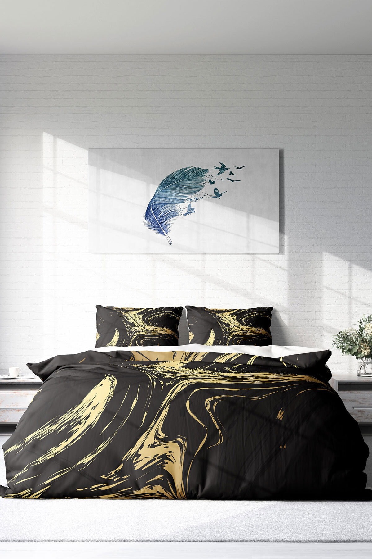 Kıng Sıze Black Design 3d Pamuk Saten Çift Kişilik Nevresim Takımı 220x240cm