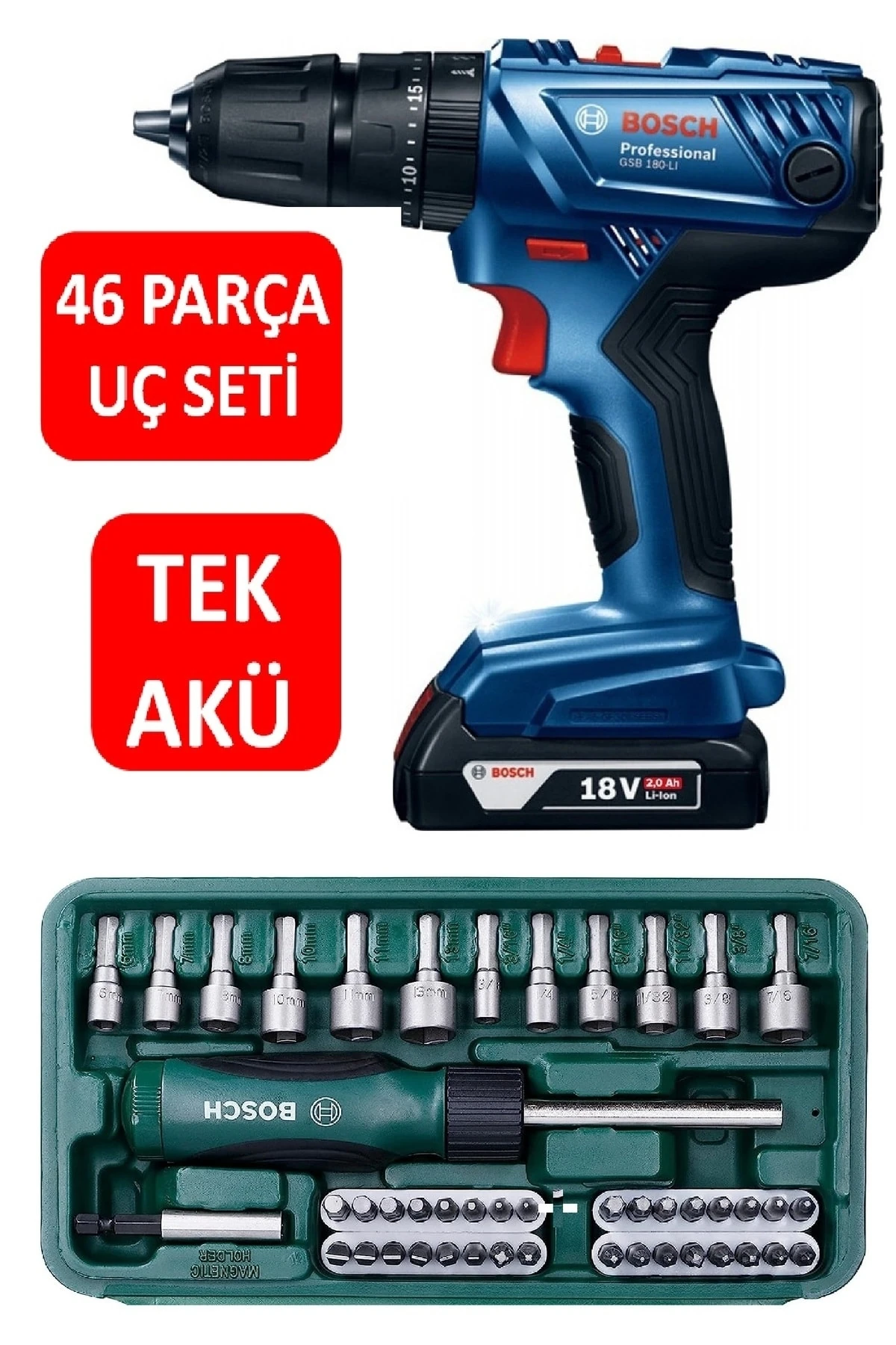 Tek Akülü Şarjlı Matkap Darbeli Matkap 18V Akülü Vidalama + 46 Parça Vidalama Ucu Tornavida