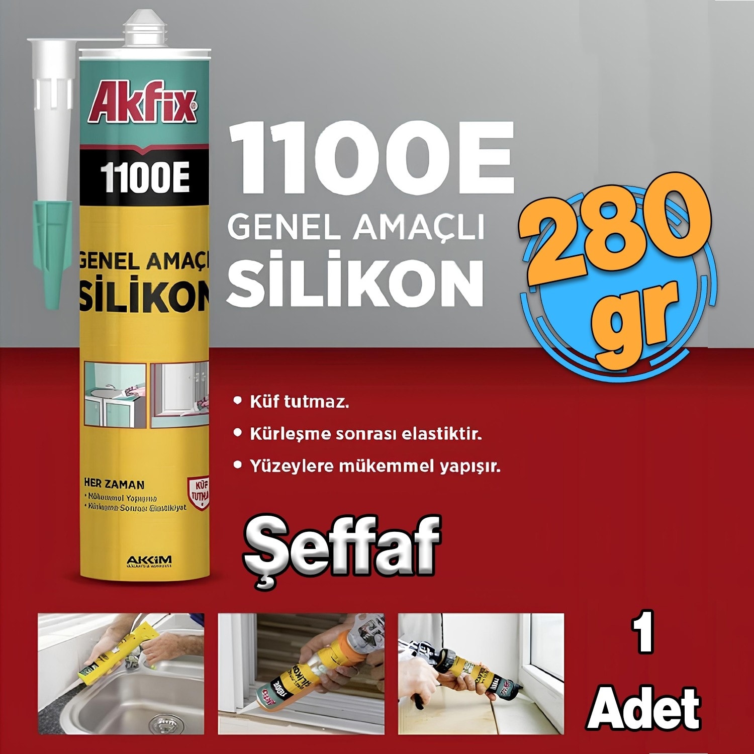 Genel Amaçlı Silikon Yapıştırma Sızıntı Önleyici Dolgu Silikonu 280 gr 1 Adet 1100E Şeffaf