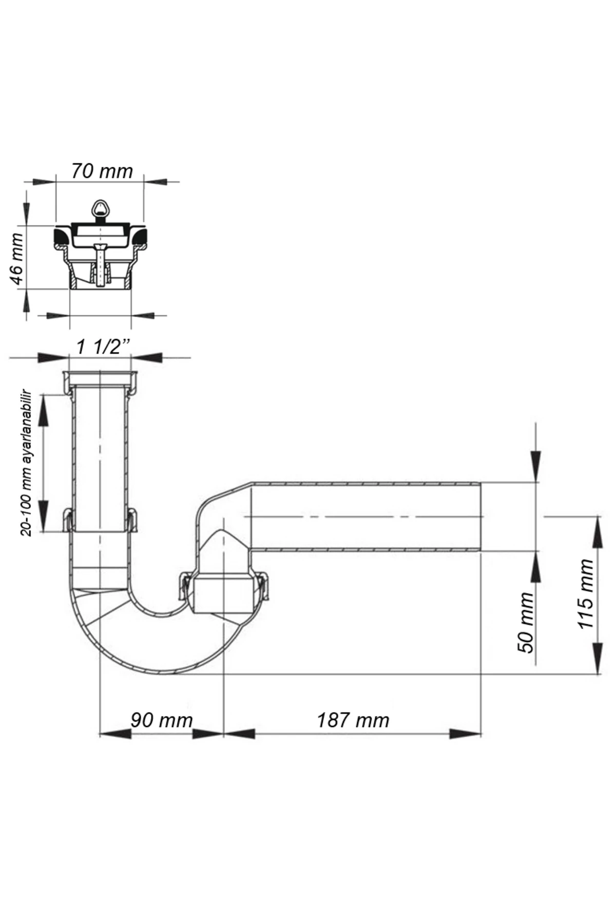 Koku önleyici lavabo sifonu evye Sifonu 100/0 delikli süzgeçli, kokusuz mafsallı 50'lik çıkış borulu