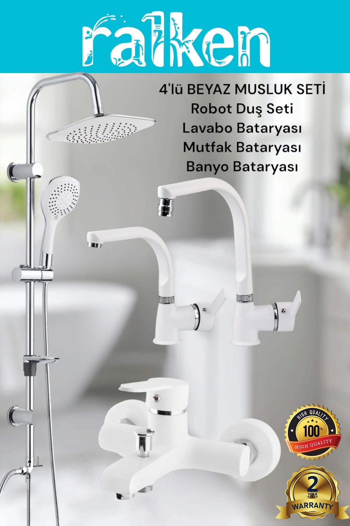 Lüx Beyaz 4’lü Banyo Seti Robot Tepe Duş, Banyo, Lavabo, Eviye Mutfak Bataryası Musluğu Başlıklı
