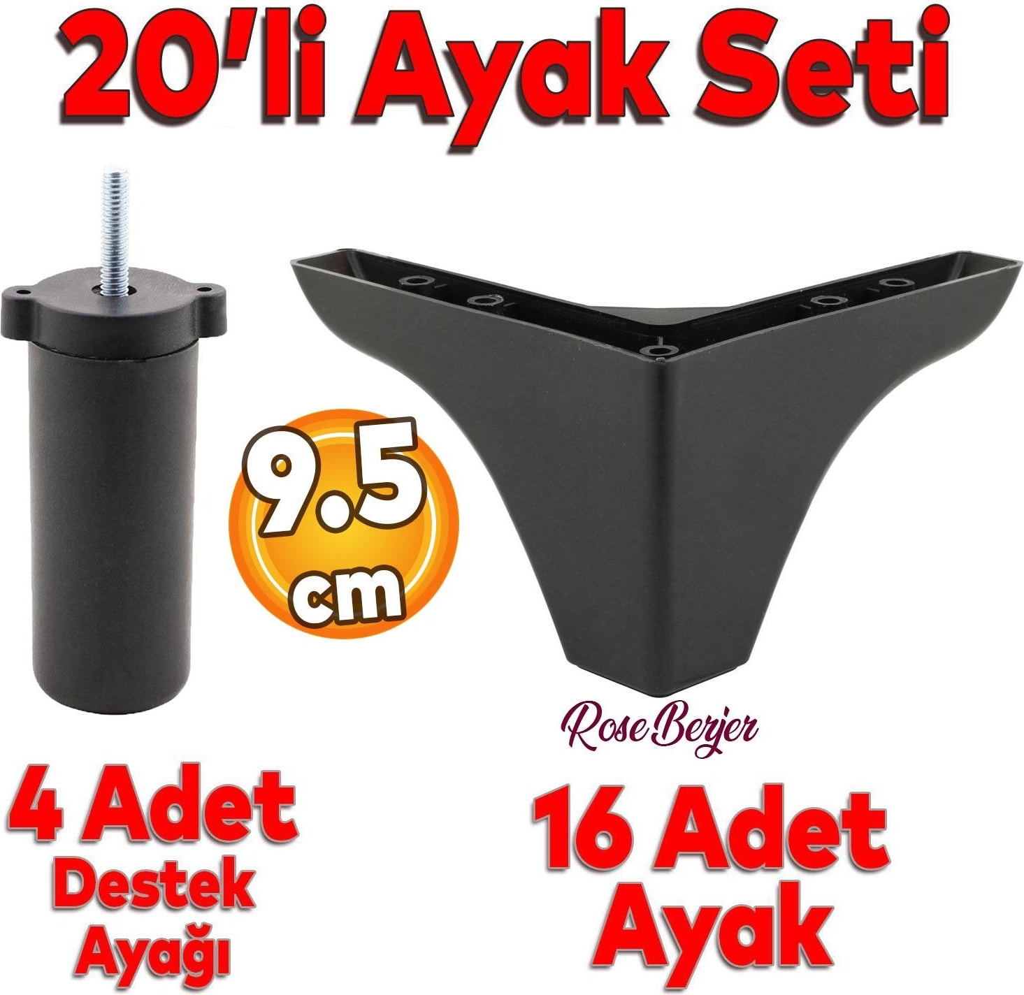 20'li Set Rose Berjer Mobilya Koltuk Kanepe Tv Ünitesi Yükseltme Destek Ayağı 9.5 cm Siyah Ayakları