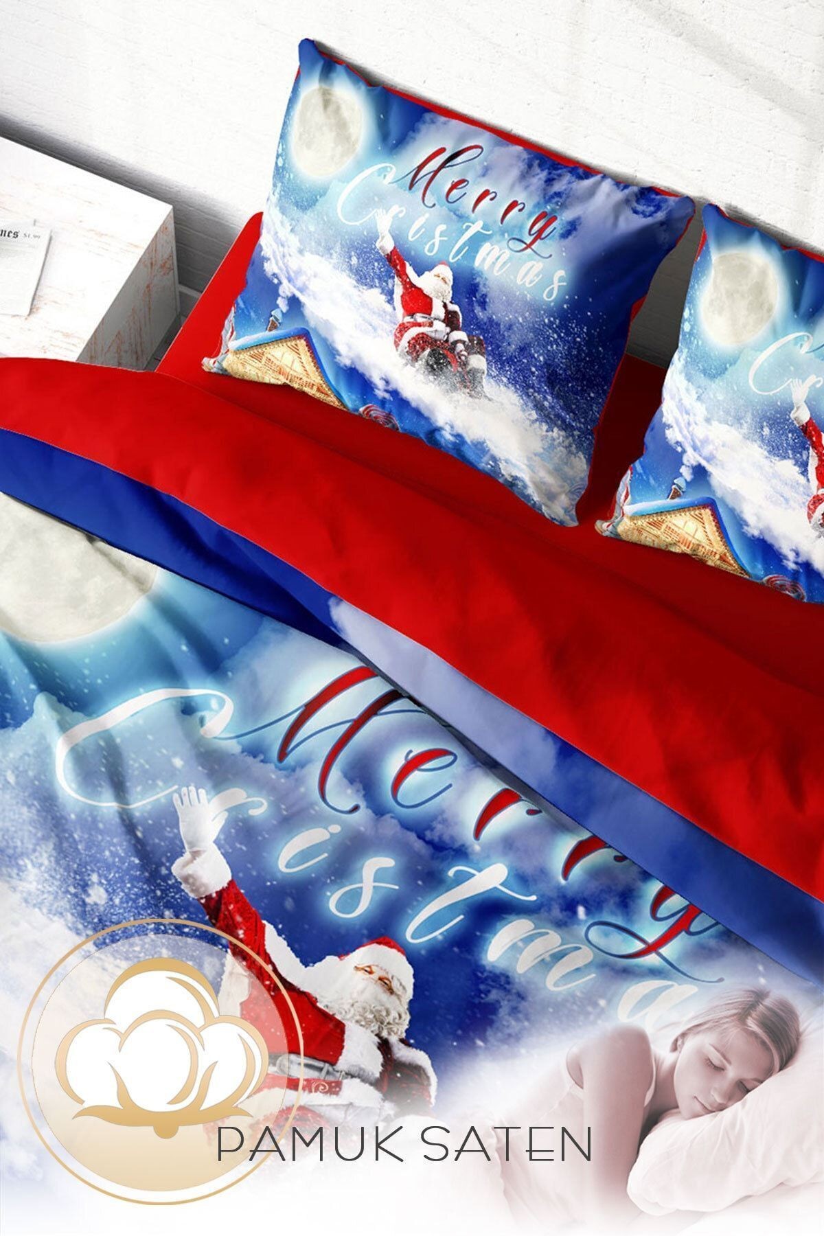 Yılbaşı Nevresim Takım %100 Doğal Pamuk Merry Christmas Çift Kişilik Blue