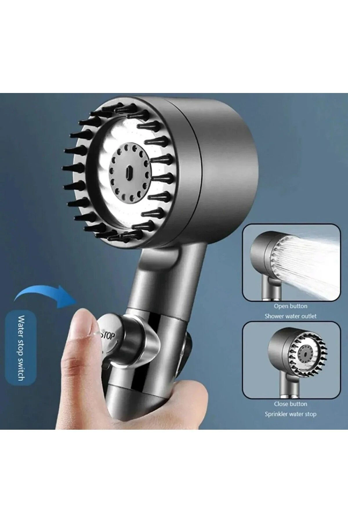 Yüksek basınçlı, masajlı, 3 kademeli, su tasarruflu, filtreli gri duş başlığı