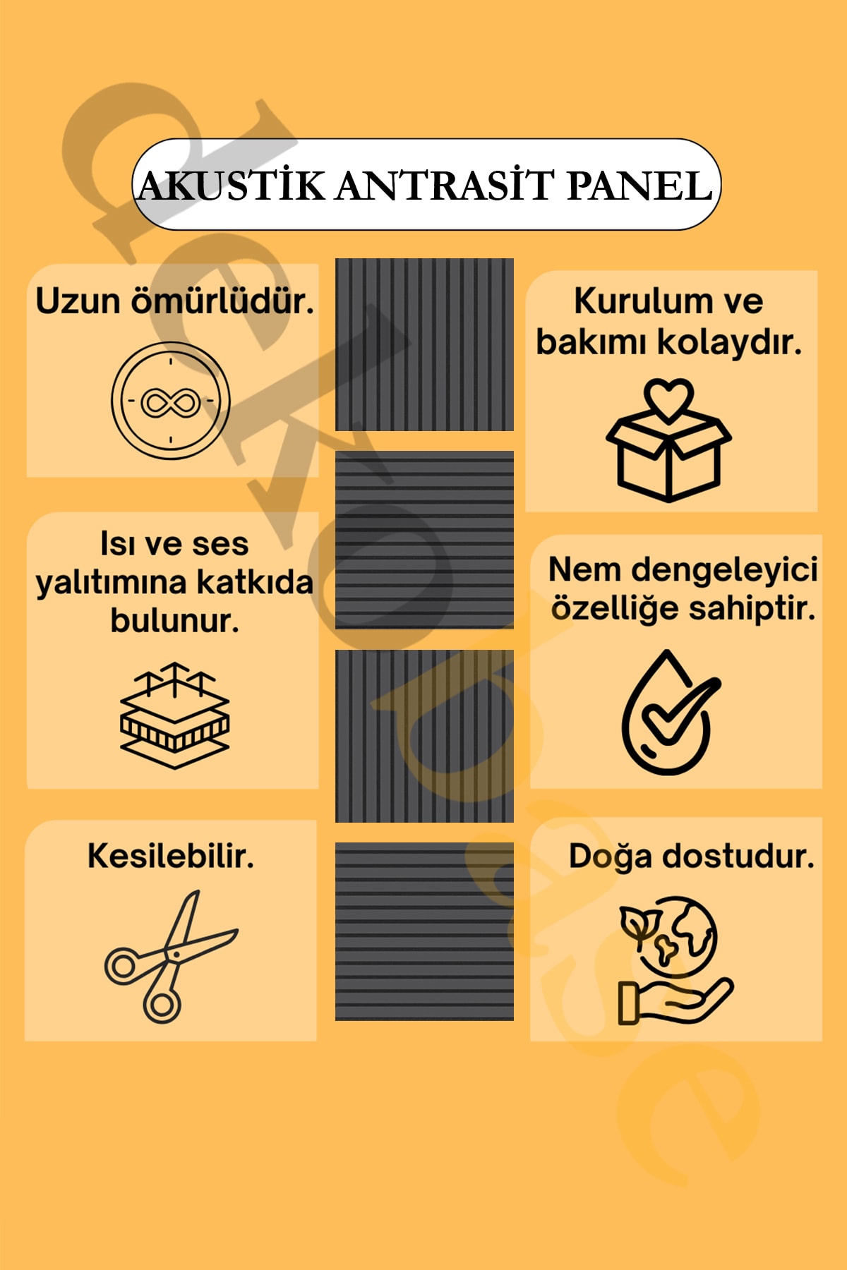 Antrasit (10 ADET) 40x40cm Yeni Nesil Akustik Ahşap Duvar Paneli