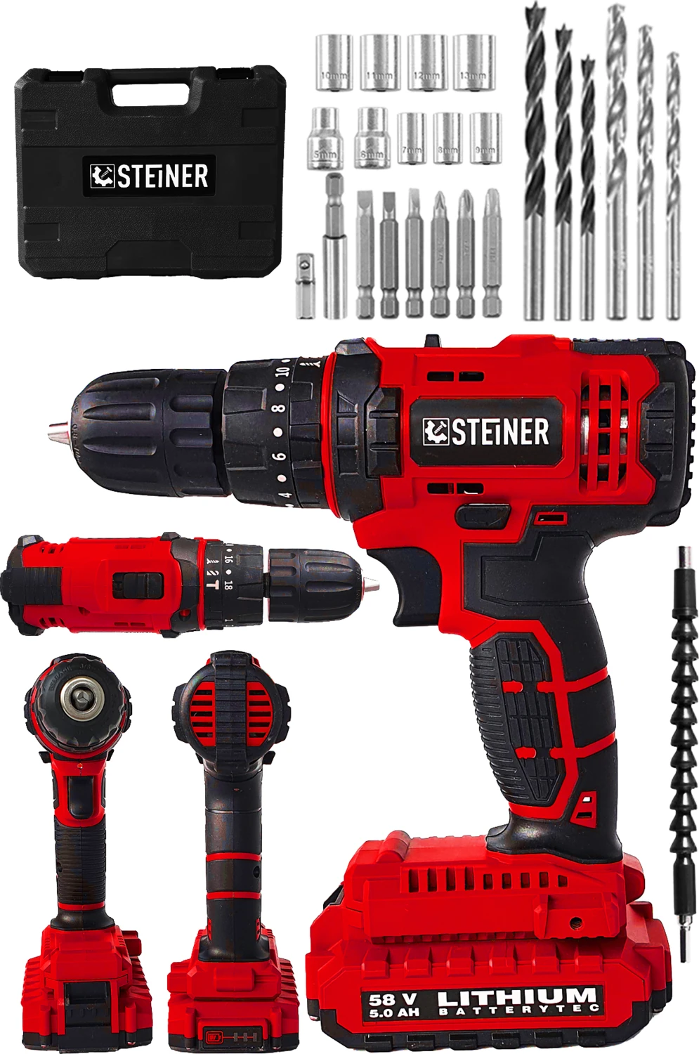 Alman 58 V 5 Ah Darbeli Çift Akülü Metal Şanzuman Bakır Sargı Şarzlı Vidalama Matkap 24 Parça Set