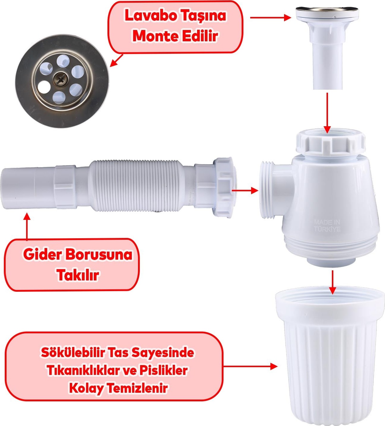 Sifon Körüklü Sökülebilir Tas'lı Temizlenebilir Mutfak Banyo Mutfak Lavabo Taşı Gider Borusu Plastik 38 cm