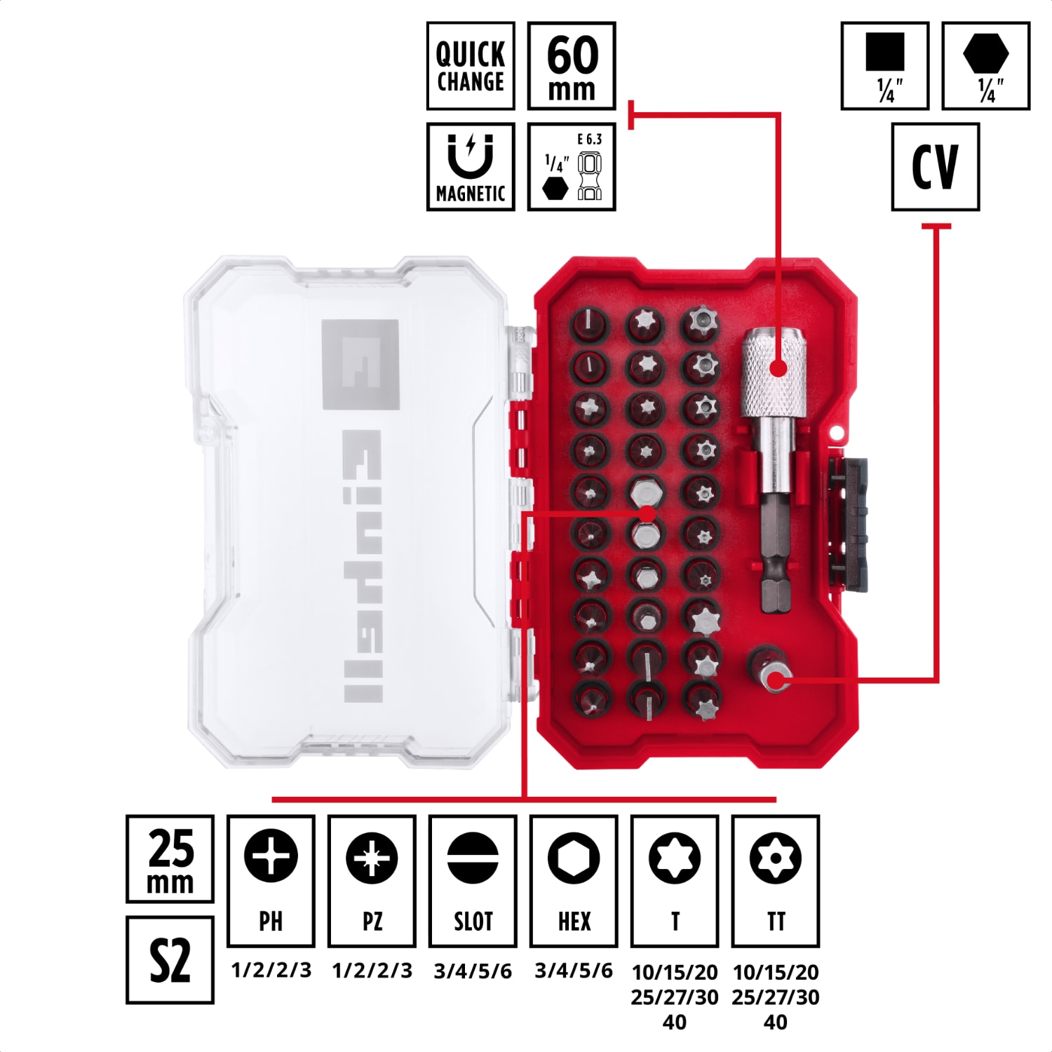 EİNHELL XS-CASE 32 Parça Uç Seti (25 Mm Uçlar, 60 Mm Hızlı Değiştirilebilir Uç Tutucu, Lokma Adaptör, Saklama Kutusu Dahil) - 49118693