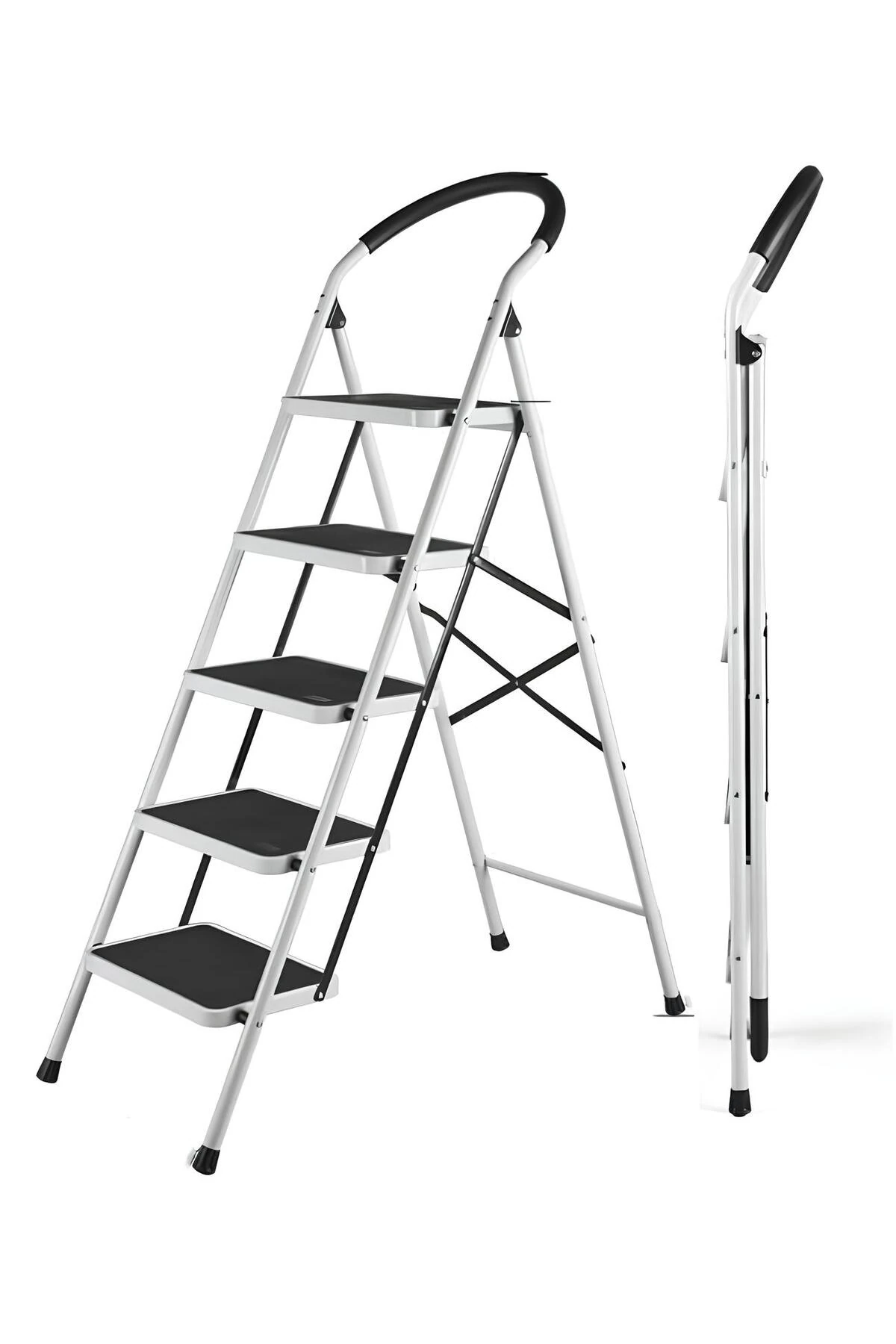 Metal 5 Basamaklı Katlanır Merdiven | Geniş Kaymaz Yüzeyli Basamaklı Ev Tipi 150 Kg Taşıma Kapasite