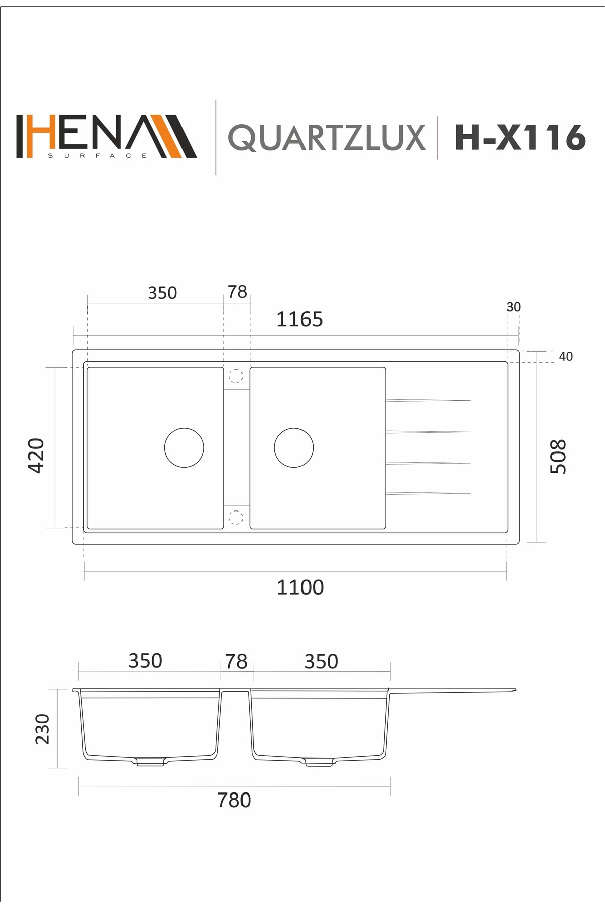 Granit Eviye 2 Gözlü SİYAH 116x50 Granit Evye Kuvars