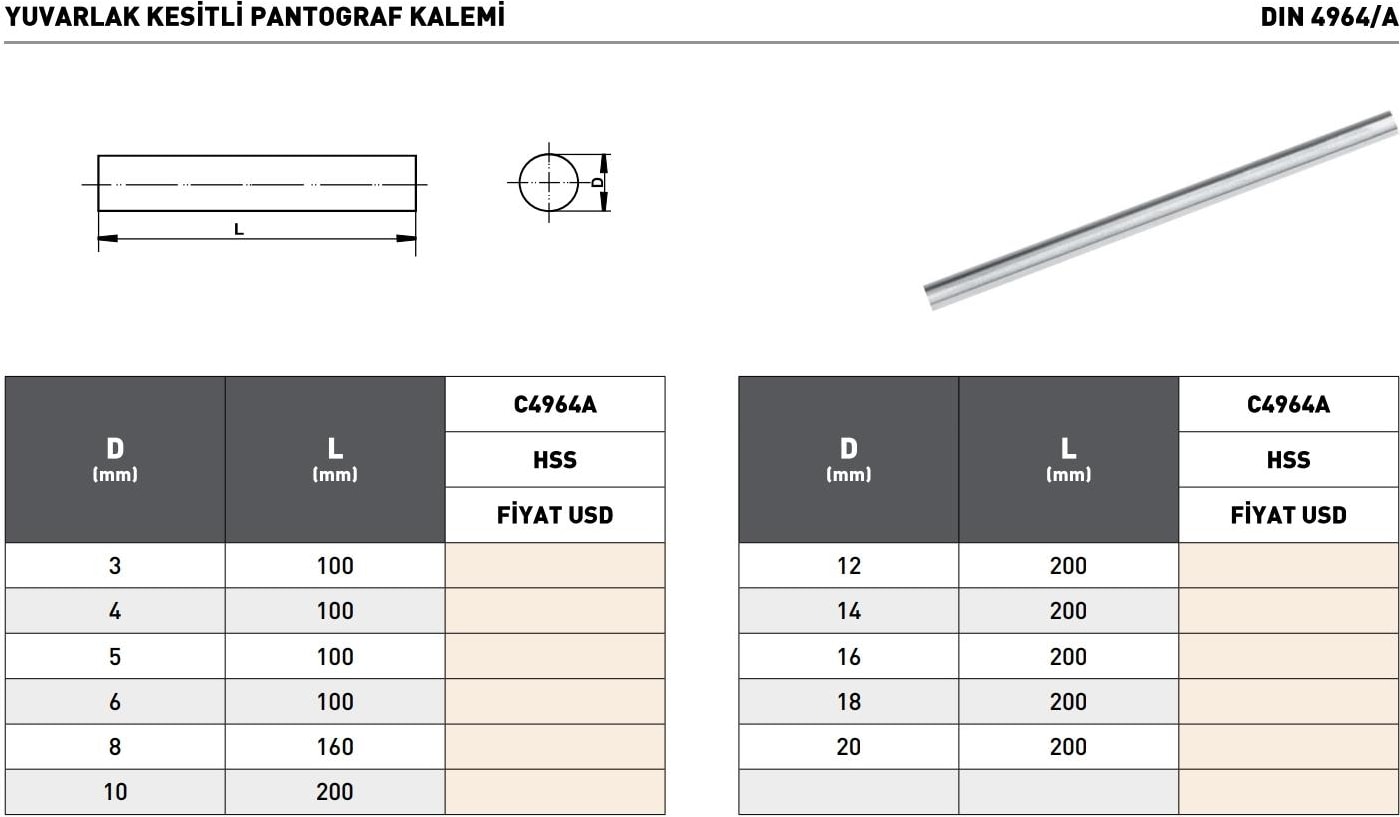 6X100MM Pld DIN4964A Hss Yuvarlak Kesitli Pantograf Kalemi