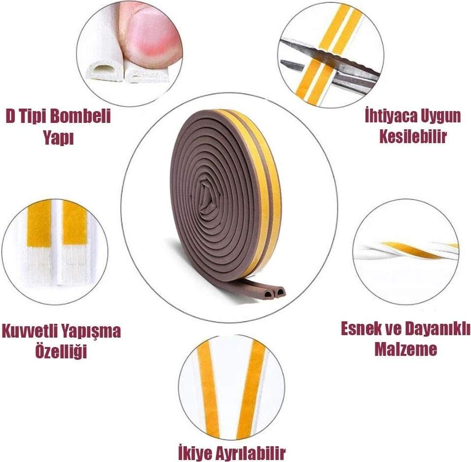 Yapışkanlı 10x2=20 Metre (KAHVERENGİ) Kapı Pencere Bandı Fitili Soğuk Izolasyon Kauçuk Bantları