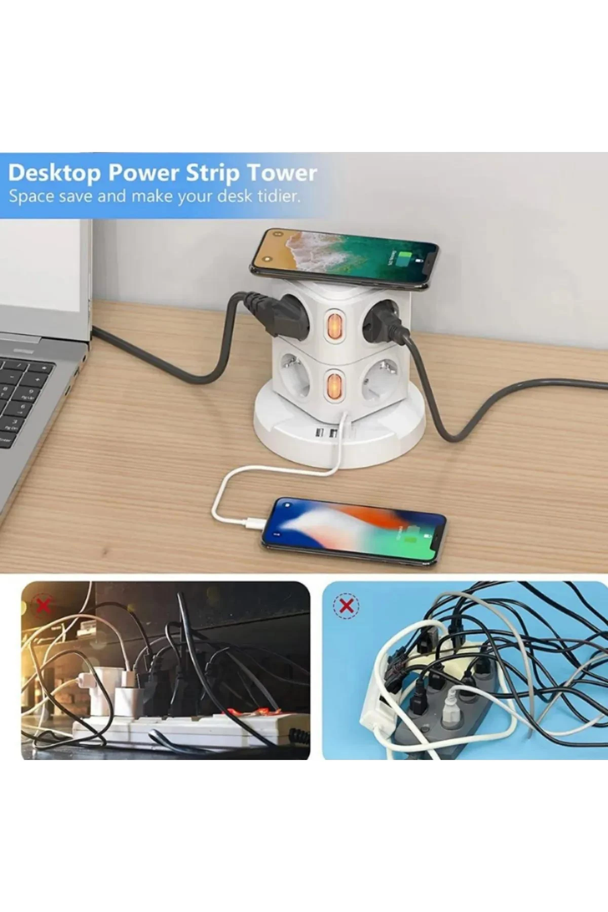 Akıllı Priz Kablosuz Magsafe Özellikli Akıllı Kule Priz 8x Priz 3x USB 2.4 Amper