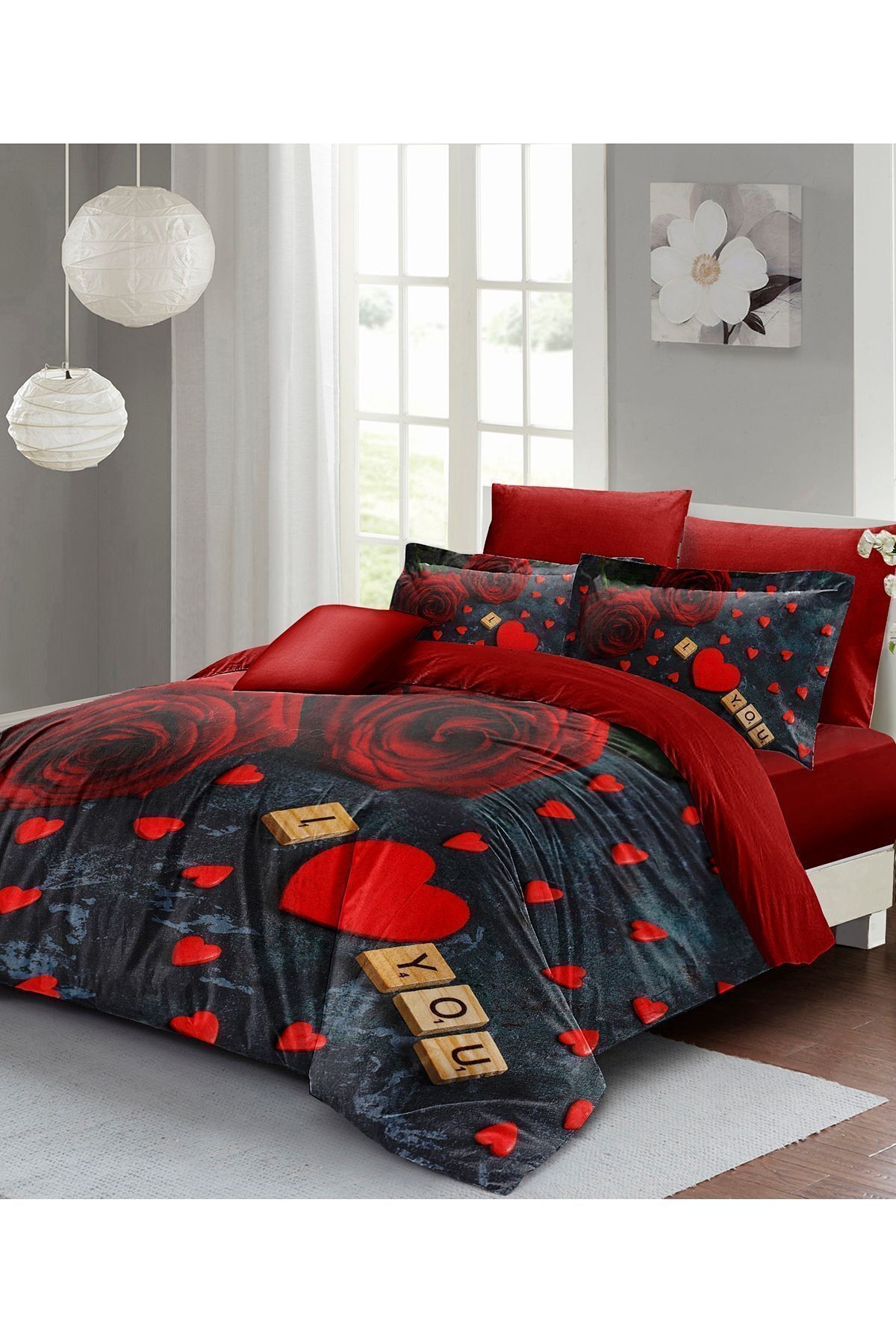 Nevresim Takımı %100 Doğal Pamuk Çift Kişilik 3d Digital Roses marble