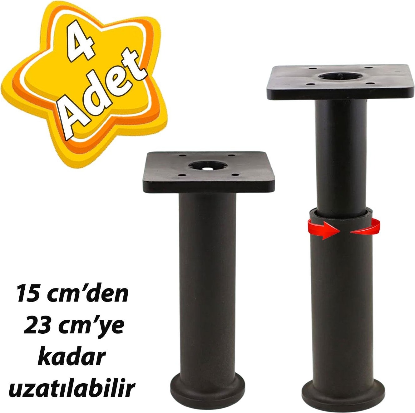 4 Adet Modül Ayarlanabilir Destek Ayağı 15 x 23 cm Siyah Ayak Mobilya Kanepe Baza Koltuk Ünite Ayakları