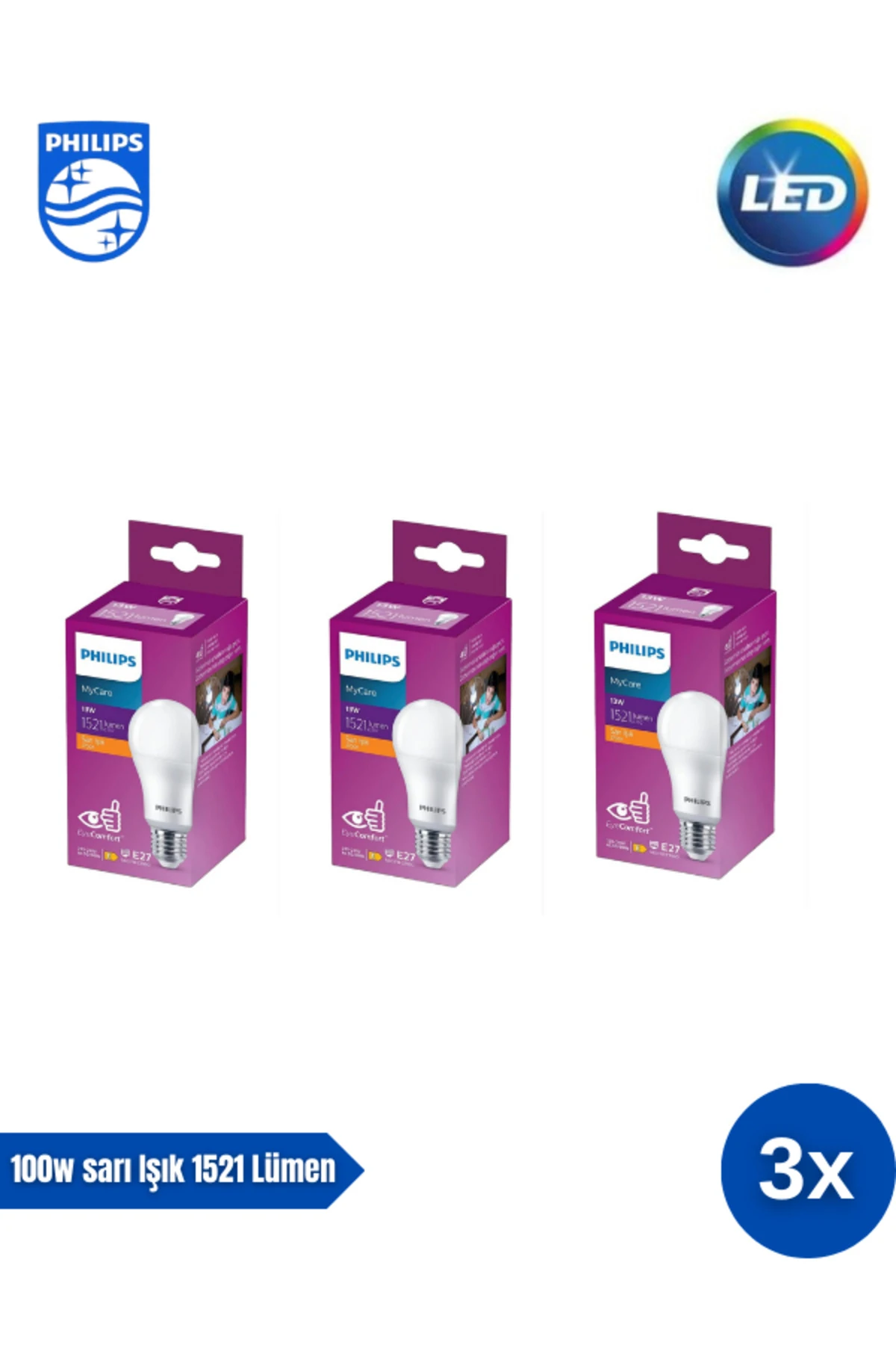 Mycare LED Lamba 13W - 100W 2700K Sarı  Işık  1521 Lümen Yüksek Işık  ( 3 ADET )