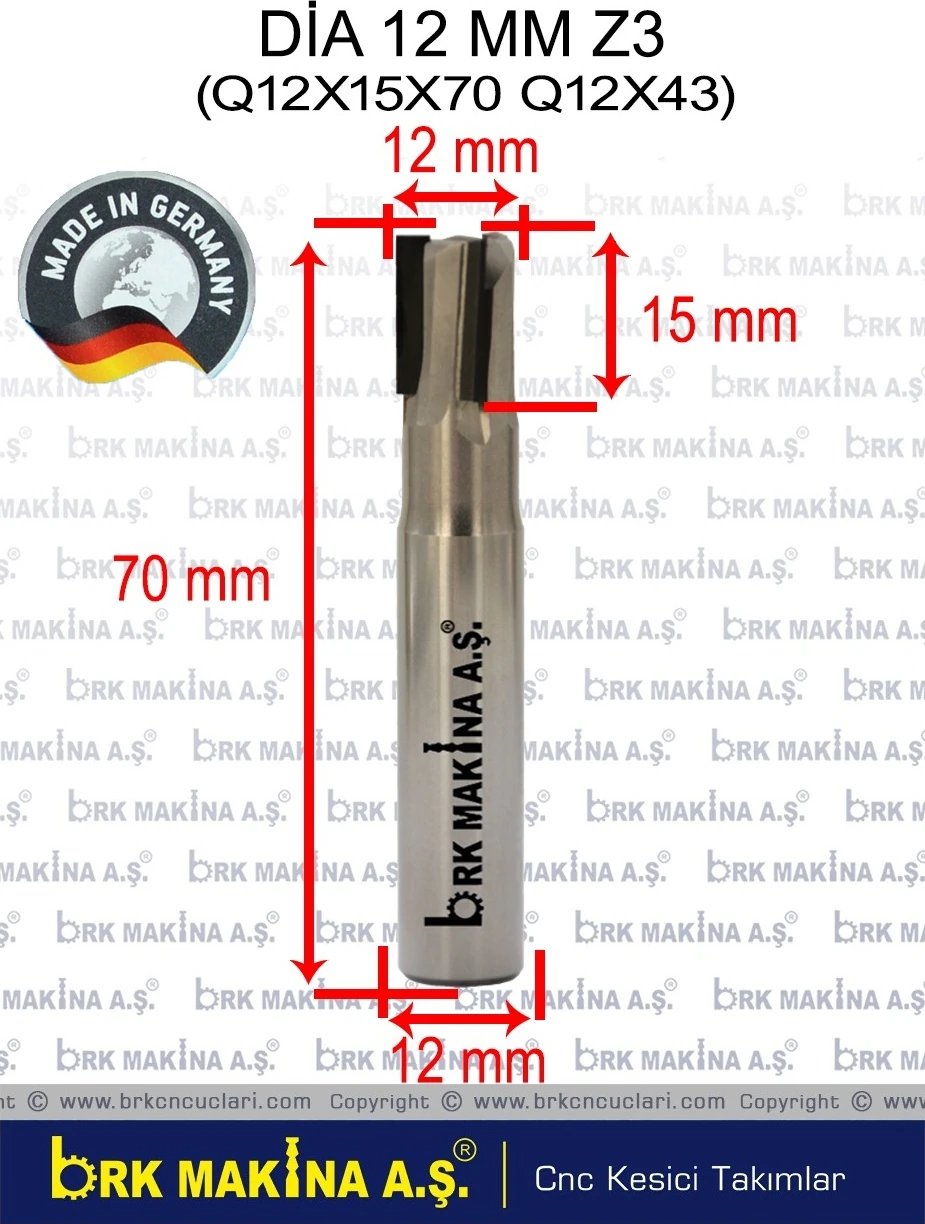 Dia 12 mm Z3 Düz Freze ( KOMPAKT KESİM UCU )