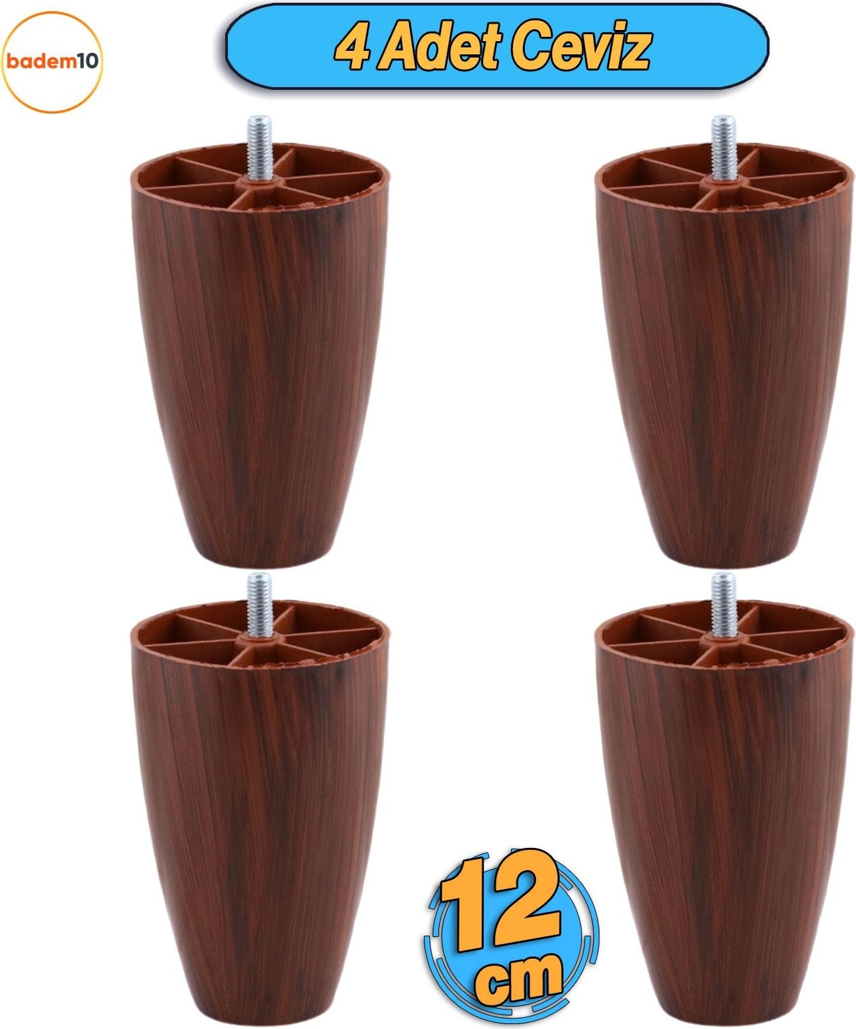 4 Adet Vidalı Oval 12 Cm (CEVİZ) Plastik Mobilya Yükseltici Yükseltme Koltuk Kanepe Baza Ayağı Ayakları