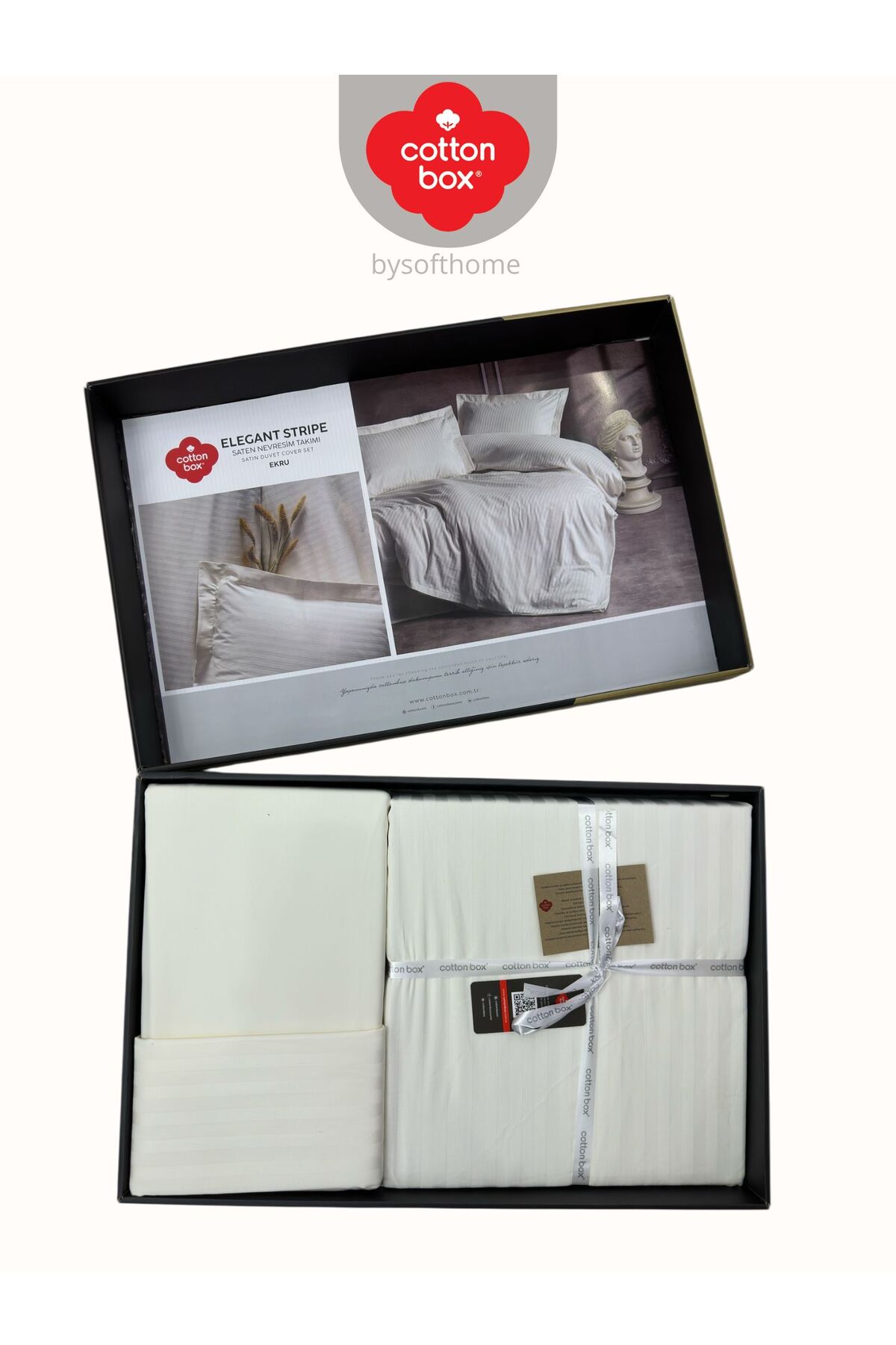 Elegant Stripe Ekru Çift Kişilik Pamuk Saten Nevresim Takımı