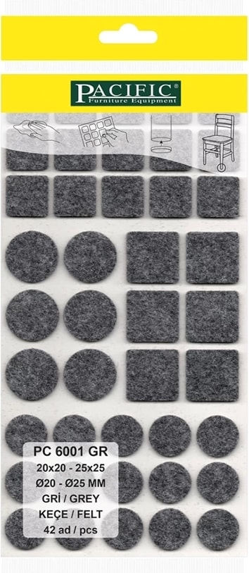 Gri Yapışkanlı Karma Keçe (20X20, 25X25 - Ø 20 mm,Ø 25 mm )