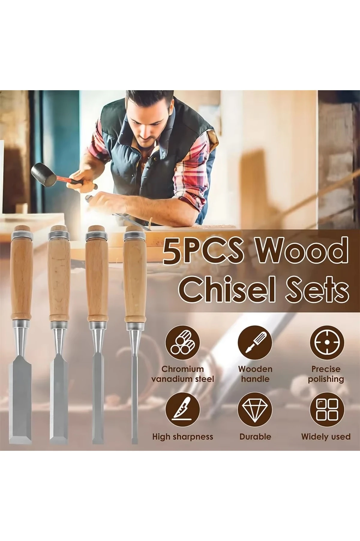 Ahşap Keski Seti 5li Iskarpela Keskin Vanadiyum çelik Ahşap oyma Alet Takımı Ahşap Saplı Ergonomik