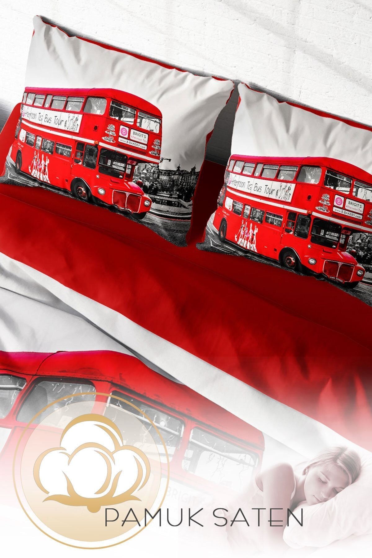 London Bus 3d Pamuk Saten Çift Kişilik Nevresim Takımı