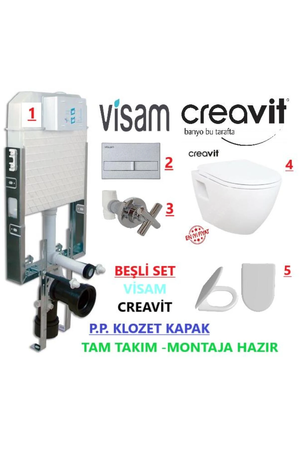 VİSAM-CREAVİT TP325 - ŞİMPA KAPAK - GÖMME REZERVUAR ASMA KLOZET SETİ 5 Lİ
