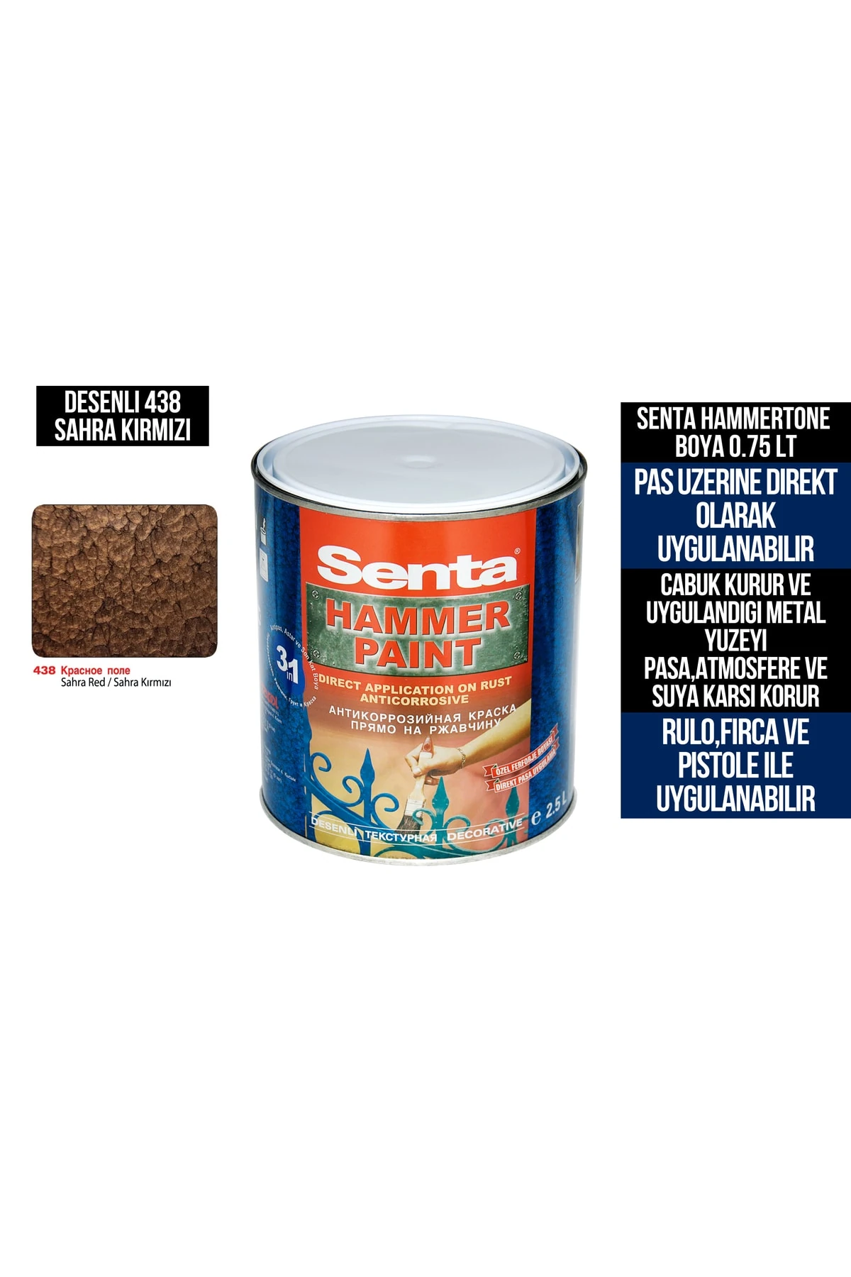 Senta Hammertone Direkt Pas Üzeri Metal Boyası 0.75 Lt