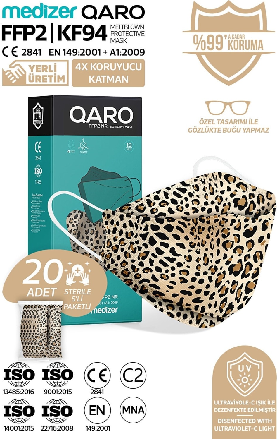 Qaro Leopar Desenli Kore Tipi KF94 Ffp2 Maske