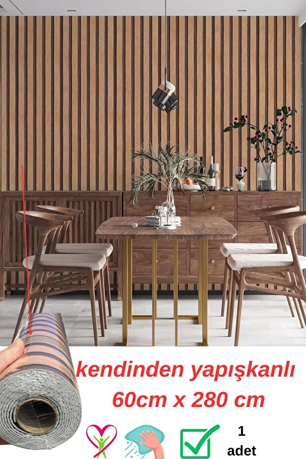 GS8005 Lambiri Efekt Kendinden Yapışkanlı Koyu Kahverengi Lambiri Desenli Duvar Paneli Kağıdı