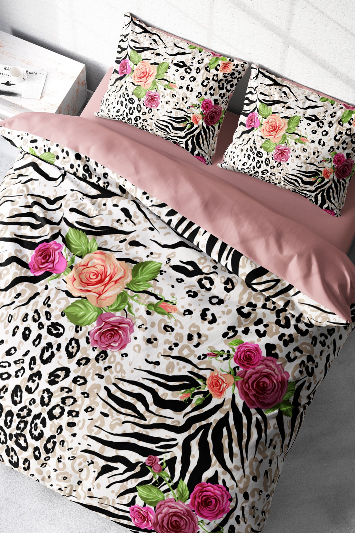 Kıng Sıze %100 Pamuk Saten Çift Kişilik Nevresim Takımı Zebra Flowers 220x240cm