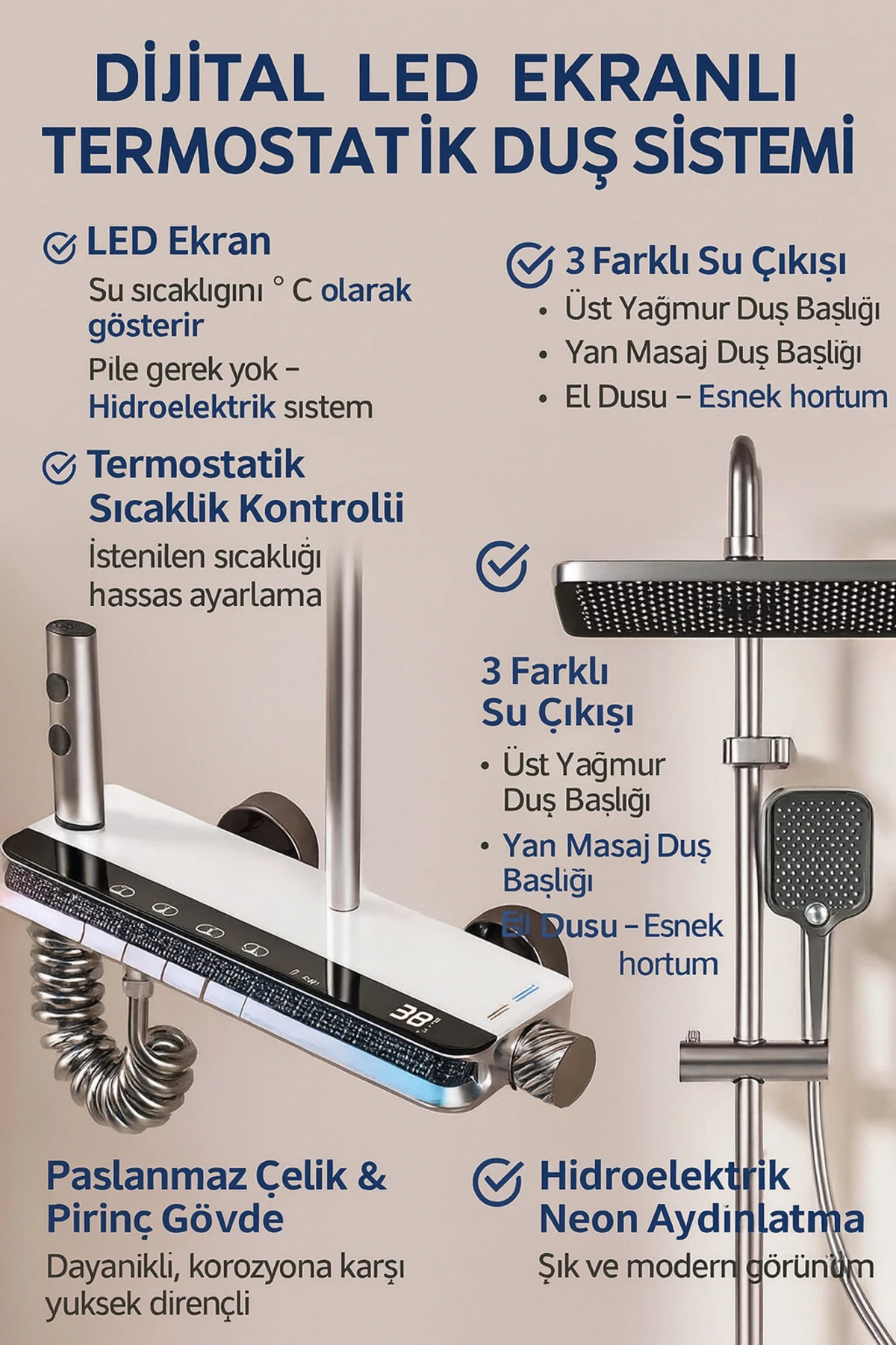 Akıllı LED Ekranlı Termostatik Duş Sistemi – 5 Fonksiyonlu Premium Tasarım - Robot IŞIKLI BEYAZ