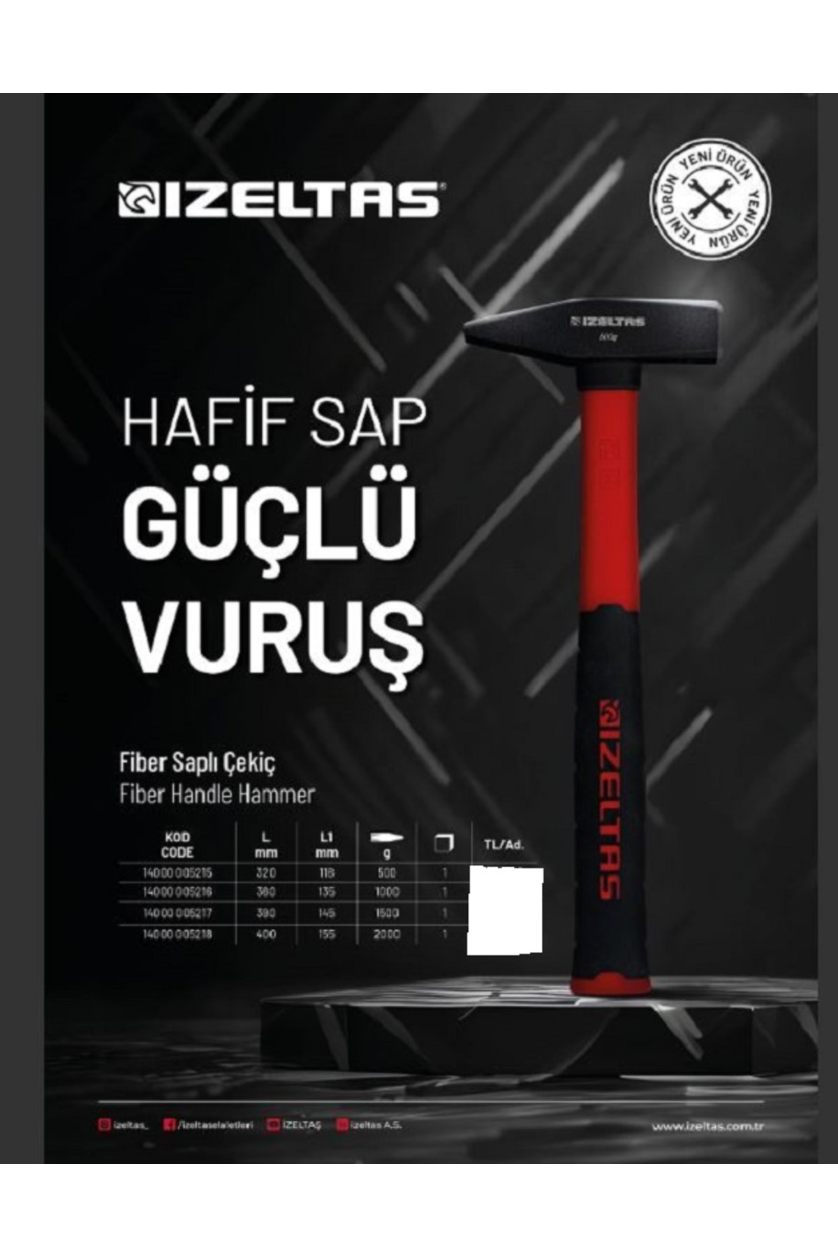 İZELTAŞ FİBER SAPLI ÇEKİÇ 500 GR