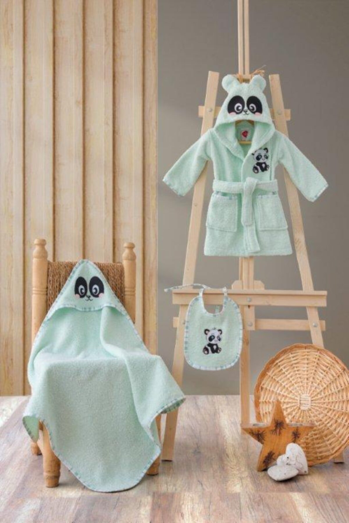 Cottonbox Baby Bornoz Seti Bornoz + Kundak + Önlük Yeşil Panda