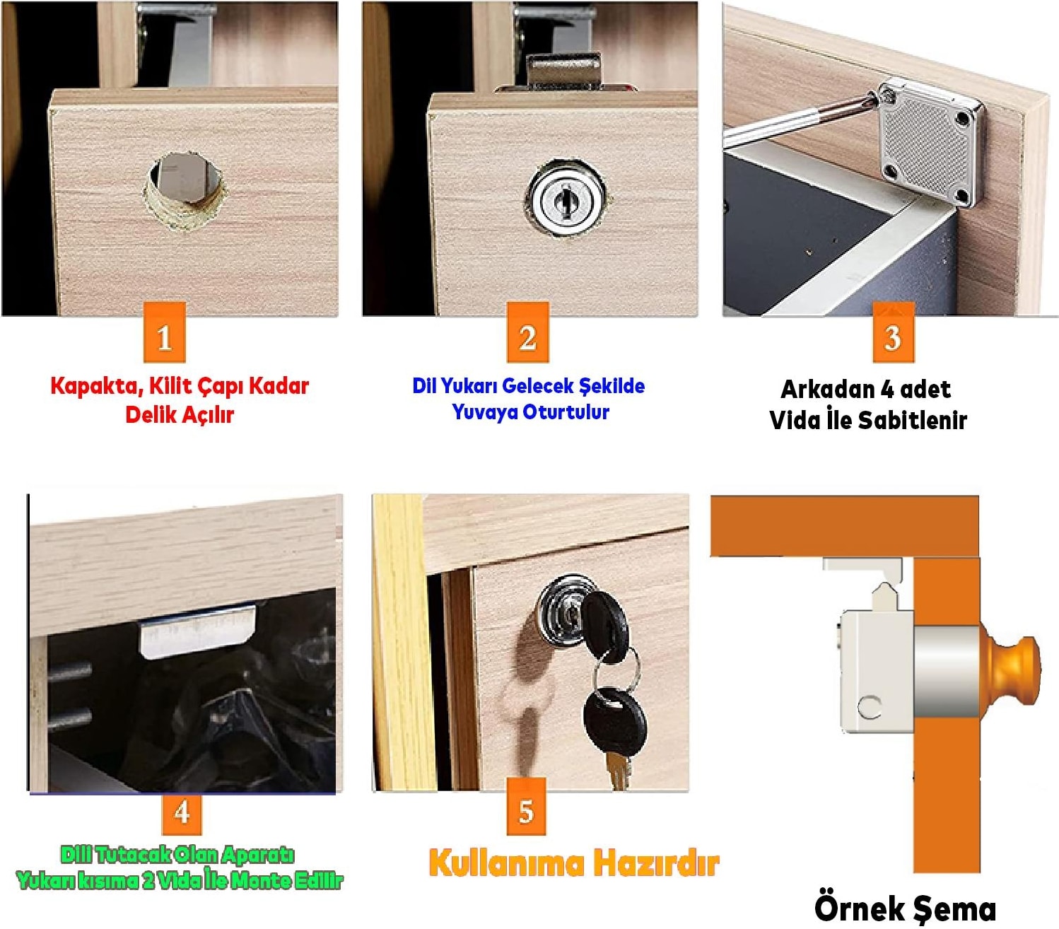Ugr Kare Mobilya Çekmece Dolap Kilidi Nikel Krom 2 Anahtarlı Kilit 4x4 cm 22 mm (5 Adet)