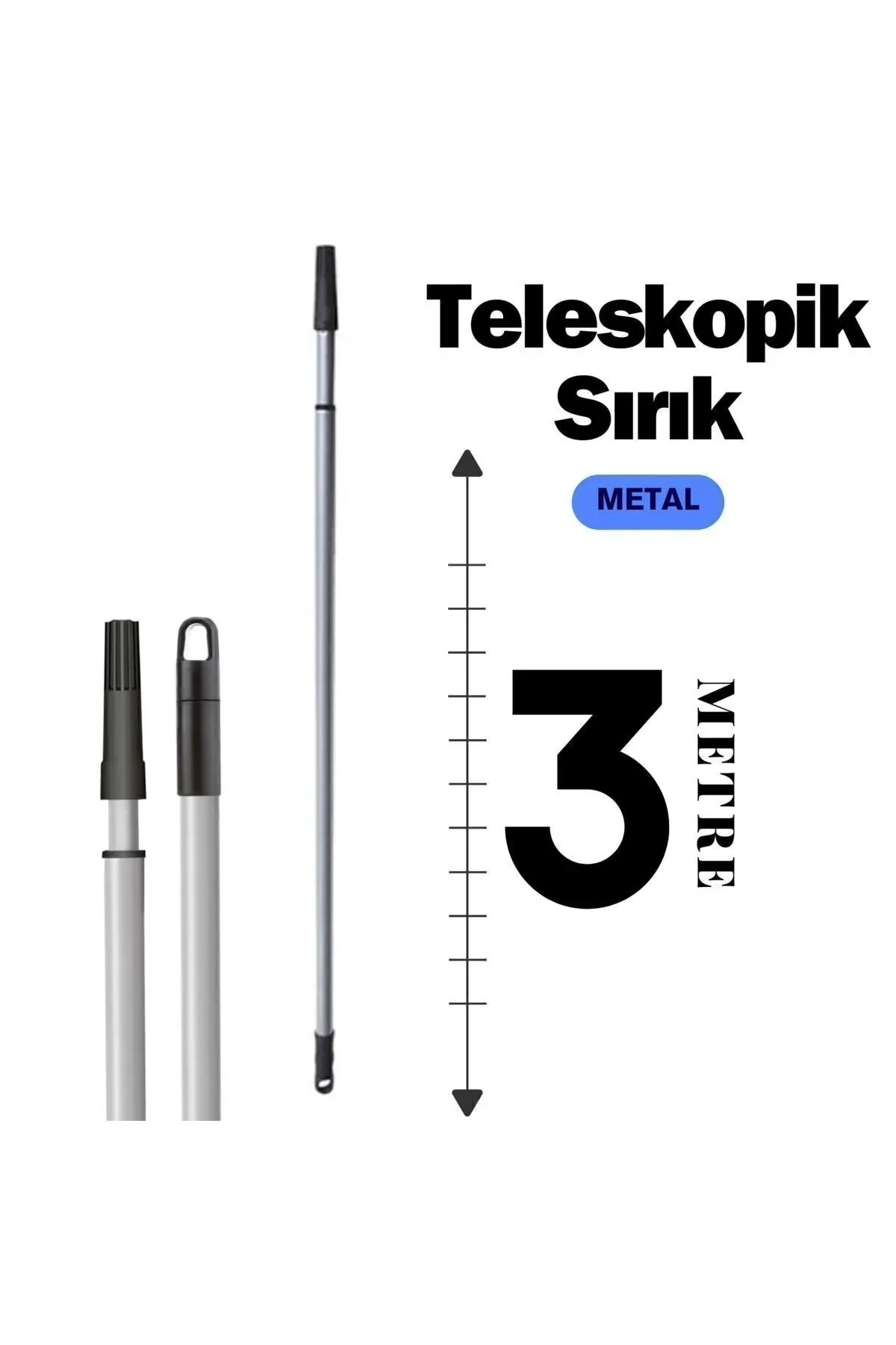 Teleskopik Uzatmalı 3 M - Metal Sırık - Fırça / Ayarlanabilir Uzatmalı Sap - 3 Metre - METAL VİTRİN