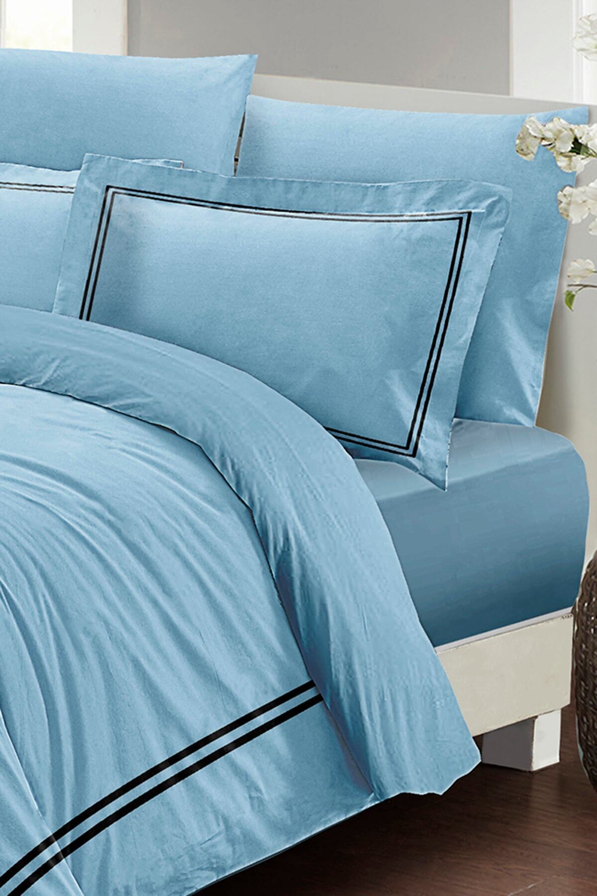 Kıng Sıze Çift Kişilik Nevresim Takımı %100 Luxury Pamuk Saten Mavi 220x240cm