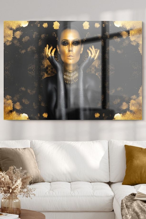 Gold Detaylı Siyahi Kadın | Etnik Temalı Cam Tablo | 50x70 Cm