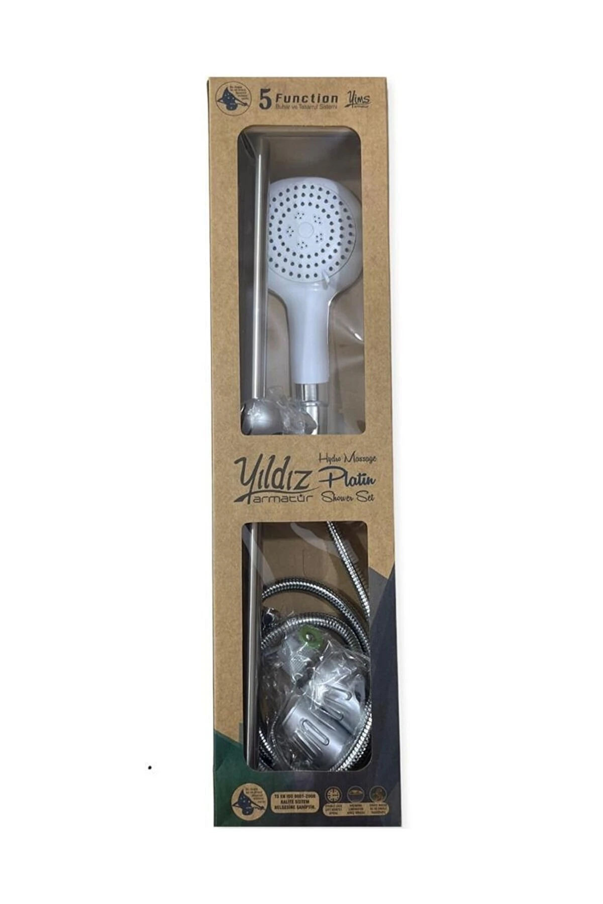 Platin Hidro Masaj 5 Fonksiyonlu Mafsallı Tasarruf Sistemli Sürgülü Duş Seti Beyaz Başlık