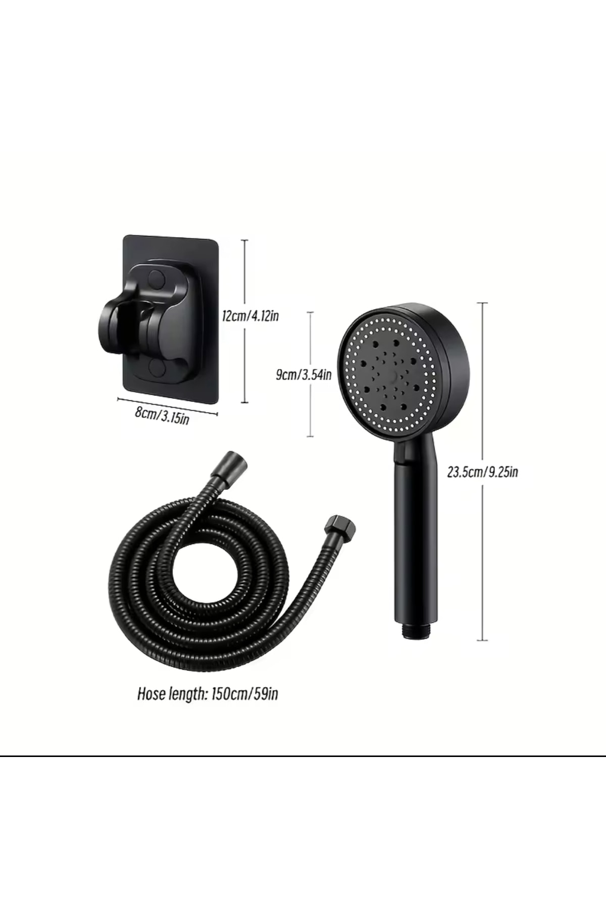 Tayzikli Yüksek Basınçlı Siyah Duş Başlığı Yapışkanlı Duş Mafsalı 150cm Hortumlu Duş Seti